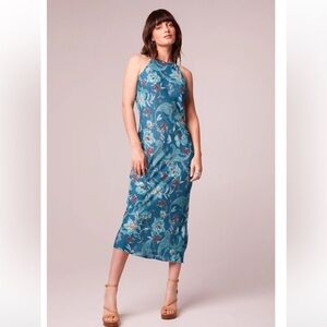 Band of the Free Audette Teal Blue Floral Halter Midi Dress Size XS $78 retail